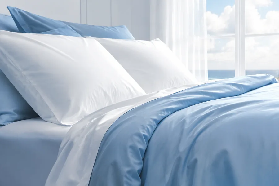 Juego de ropa de cama a medida en blanco con ribete azul
